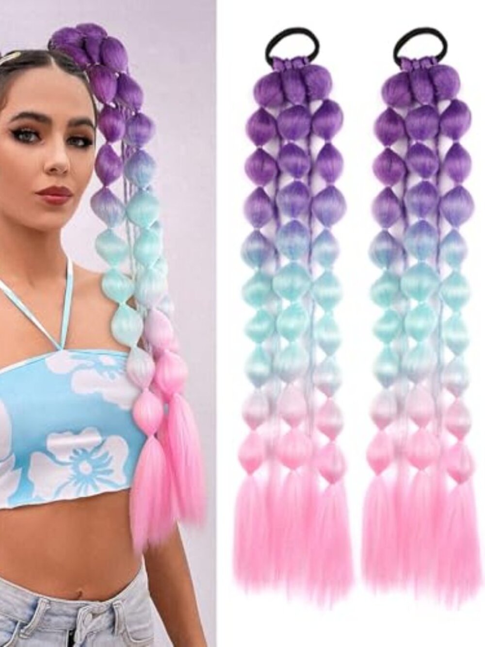 2 Pcs 22 Inch Lightweight Bubble Ponytail Extensions Colored Braids